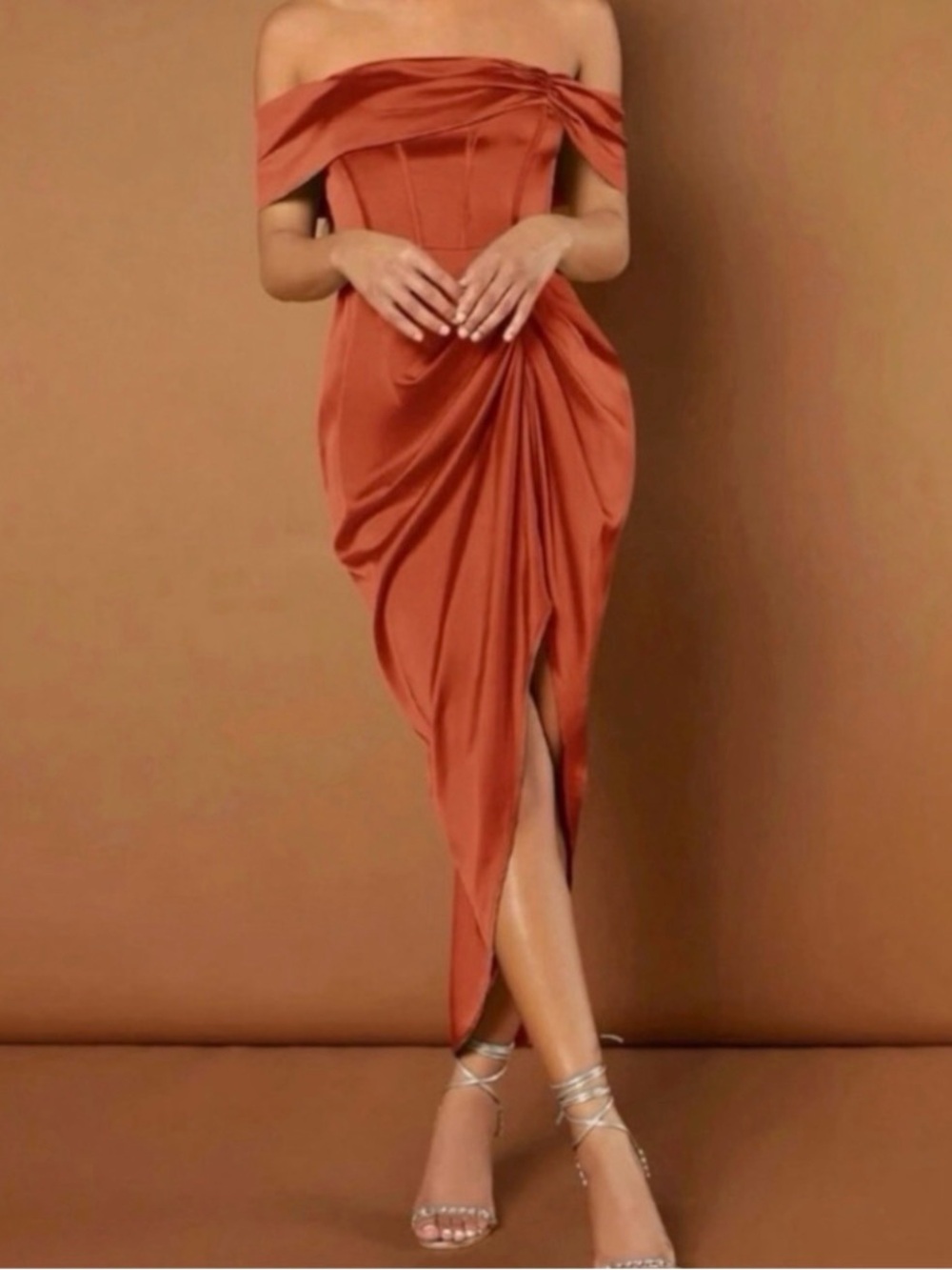 Elegant Off-Shoulder Rust Draped Midi Dress